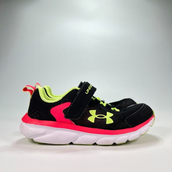 Under Armour Assert 9 AC Black Pink Green Hook & Loop Running Shoes Youth Size 1 - Picture 1 of 9